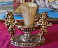 Antique Cherub Gold Effect Ornamental Pedestal Metal Candle Holder Pedestal Stand Made In Spain And With Gold Colour Murano Glass Scented Candle
