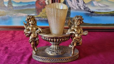 Antique Cherub Gold Effect Ornamental Pedestal Metal Candle Holder Pedestal Stand Made In Spain And With Gold Colour Murano Glass Scented Candle