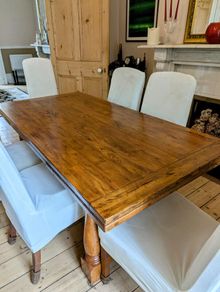 Stunning oak refractory-style dining table with 6 chairs