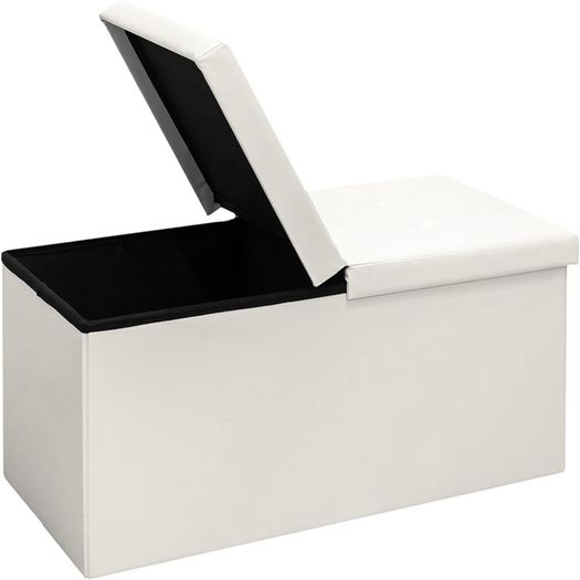 NEW SALE | Folding Storage Ottoman Bench with Flipping Lid, Entryway Bench with Padded Seat,White Faux Leather Ottoman for Bedroom,76x38x38cm