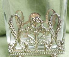 Antique Sterling Silver Handcrafted Square Container With Leaf Applique (glass Slightly Chipped)