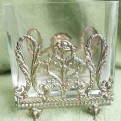 Antique Sterling Silver Handcrafted Square Container With Leaf Applique (glass Slightly Chipped)