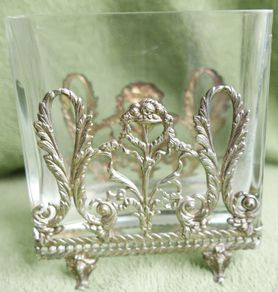 Antique Sterling Silver Handcrafted Square Container With Leaf Applique (glass Slightly Chipped)