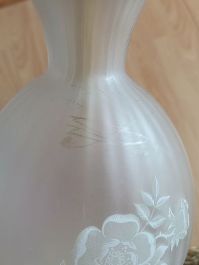 Vintage frosted glass table lamp featuring etched rose motif  height 37cm