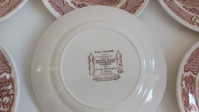 Vintage Set of Six Brown and White Fair Winds, Historical Scenes of Chinese Export to America - "The George Washington at Anchor" Salad Plates by Alfred Meakin