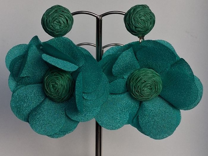 Chunky Raffia Green Fabric Flower Statement Earrings