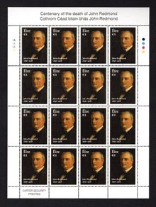 2018 Ireland The 100th Anniversary of the Death of John Redmond, 1856-1918 Commemorative Stamp Sheetlet Plate 1A1A1A1A Mint Never Hinged (MNH)