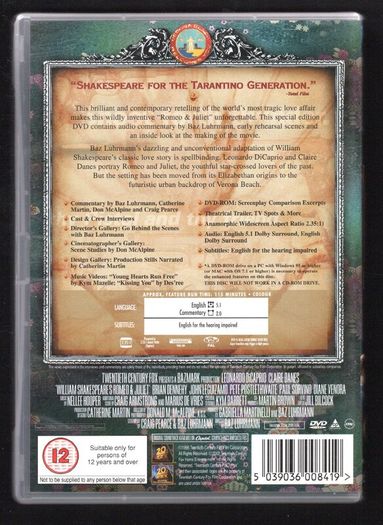 Romeo & Juliet DVD Movie staring Leonardo DiCaprio and Claire Danes