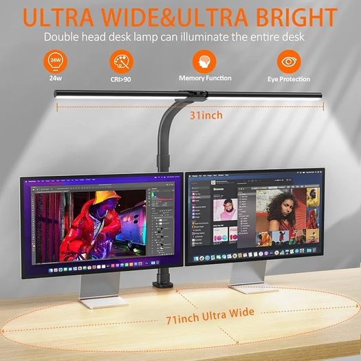 LED Desk Lamp for Study,24W Double Head Desk Lamps Office,Eye Protection Desk Light with Clamp,25 Lighting Modes,Monitor Light Bar for Study/Working/Computer/Reading/Workbench/Painting