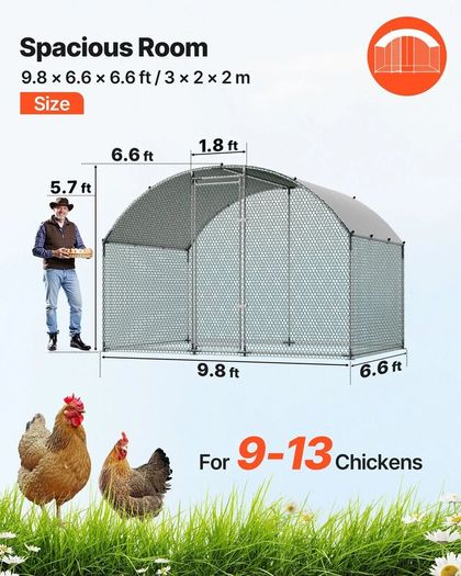 Large Metal Chicken Coop 3 x 2 x 2 m Walk-in Chicken Run House Cage, Doom Roof Hen House Enclosure with Cover and Security Lock,