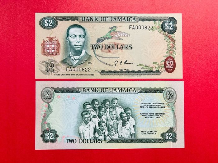 Jamaica  2 Dollars  1948 - 1973    scarce )Pick 58a.  UNC Commemorative Issue.