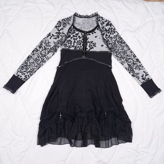 Bai Amour Vintage Black Grey Floral Lace Detail Ruffle Tiered Knit Dress 10-12UK/38-40EU