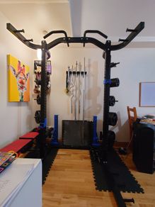 Half Rack with spotters and bench with attachments