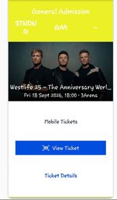 Westlife 25th Anniversary tour x2 Standing tickets