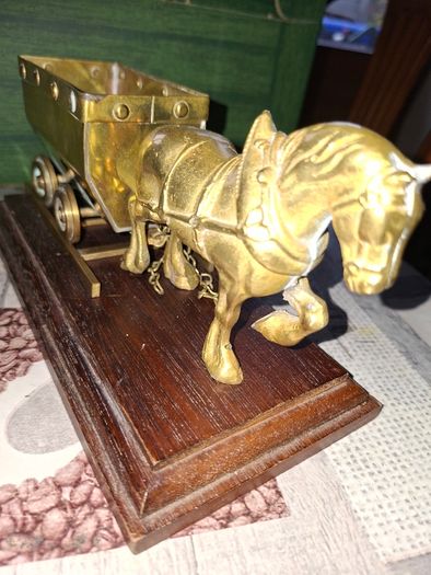 Solid Brass Shire Horse Pulling a Mining Cart mounted on wooden plinth, Postage Available or collection