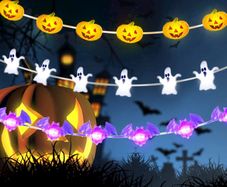 Halloween Lights, Romwish 3Pack 9M 60LED Pumpkin Ghost Bat Fairy Lights Battery Operated String Lights for Window Porch Stair Bar Halloween Decorations Outdoor & Indoor