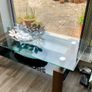 Walnut and Glass Coffee Table with Chrome Posts Image 5