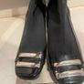 black stretch material boots with patent leather toe low chrome silver metal heel by Ras Image 4