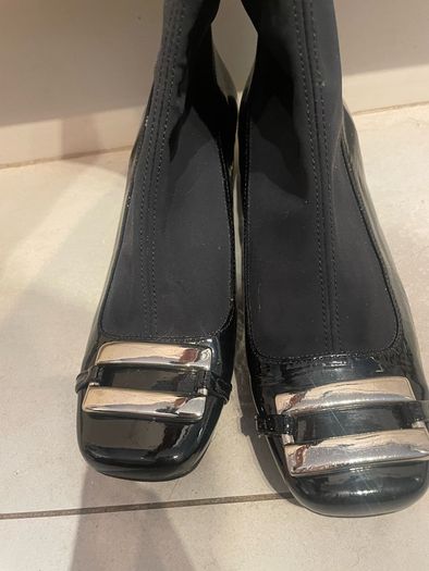 black stretch material boots with patent leather toe low chrome silver metal heel by Ras