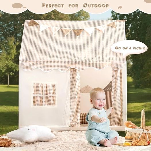 Kids Tent Playhouse with Star Lights and Tote Bags, Kids Play Tent Indoor & Outdoor, Washable Teepee Tent for Boys & Girls, Toy House for Toddler, Neutral Color Play Room Furniture (Beige-1)