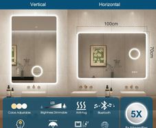LED Bathroom Mirror 100x70cm or 70x100cm Bluetooth Defogger Dual LED Makeup Bright