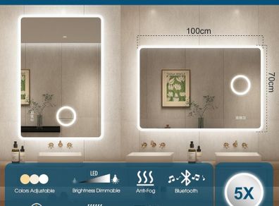 LED Bathroom Mirror 100x70cm or 70x100cm Bluetooth Defogger Dual LED Makeup Bright