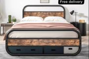King Size Bed Metal Platform Bed Frame with Wood Headboard,Mattress Base,Metal Slat Support, Black and Brown/210X154