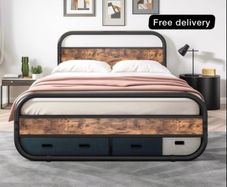King Size Bed Metal Platform Bed Frame with Wood Headboard,Mattress Base,Metal Slat Support, Black and Brown/210X154
