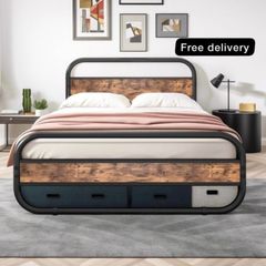 King Size Bed Metal Platform Bed Frame with Wood Headboard,Mattress Base,Metal Slat Support, Black and Brown/210X154