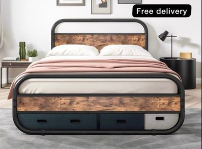 King Size Bed Metal Platform Bed Frame with Wood Headboard,Mattress Base,Metal Slat Support, Black and Brown/210X154