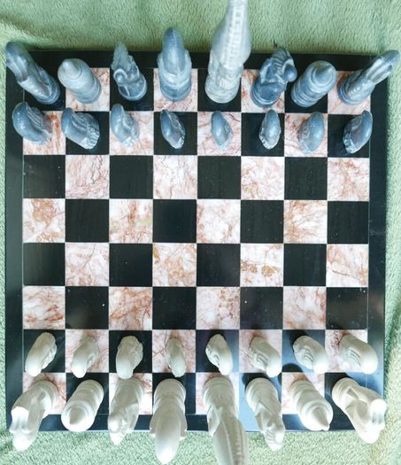 Vintage Marble Chess Board, 14 inch and Handcrafted African Soapstone Chess Set (king 6")