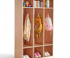 3-Section Kids Coat Locker, Wooden Toddler Cubby Storage Organizer with 6 Hooks & Non-Slip Mat, Modern Kid Coat Cubbies with 6 Small Open Storage Boxes for Home, Kindergarten, Daycare, Natural