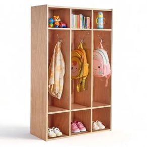 3-Section Kids Coat Locker, Wooden Toddler Cubby Storage Organizer with 6 Hooks & Non-Slip Mat, Modern Kid Coat Cubbies with 6 Small Open Storage Boxes for Home, Kindergarten, Daycare, Natural