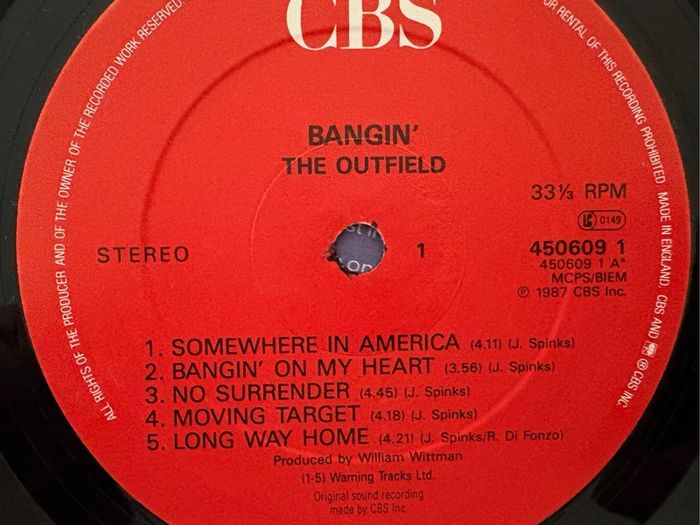 SECOND PRCE DROP! The Outfield - Bangin'. Brilliant album by the English rock/power pop band. Sold massively in the US but unknown back home in the UK. Features US hit single Somewhere in America. Highly recommended. BARGAIN!