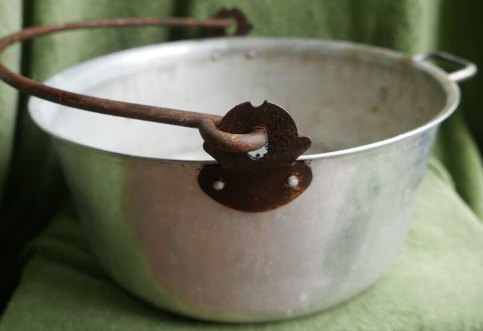 Vintage Aluminium Metal Handled Cooking Pot , Rustic Jam Pan Farmhouse Decor