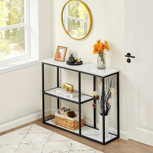 Console Table 30cm Narrow Entryway Table for Living Room 80cm Modern Industrial Sofa Table with 3-Tier Storage Shelves for Corridor, Hallway, White Marble