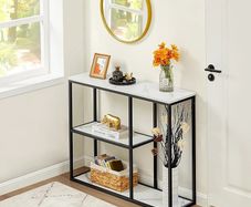 Console Table 30cm Narrow Entryway Table for Living Room 80cm Modern Industrial Sofa Table with 3-Tier Storage Shelves for Corridor, Hallway, White Marble