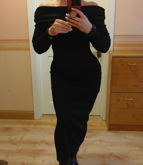 Black open shoulder long sleeve dress, size 12