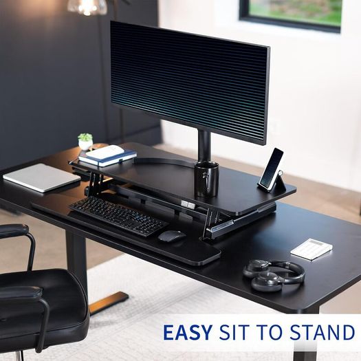 91cm Electric Motor Desk Converter Height Adjustable Riser Sit to Stand Dual Monitor and Laptop Workstation with Wide Keyboard Tray Black DESK-VE36B