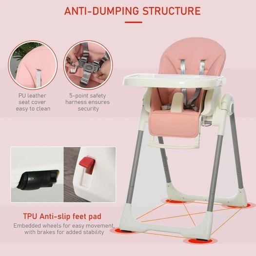 Foldable Baby High Chair Convertible Feeding Chair Height Adjustable with Adjustable Backrest Footrest and Removable Tray 5 Point Safety Harness for Kids 6 - 36 Months Pink (FREE POSTAGE)