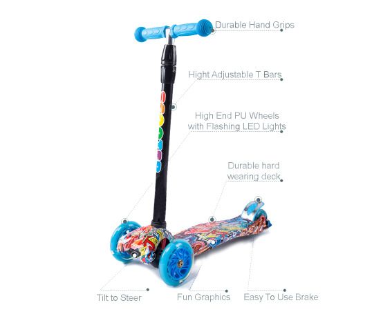 CAROMA Scooter for Kids, 3 Wheel Foldable Toddler Scooter for Boys and Girls Ages 3-12 Years Old, with 4 Height Adjustable, LED Flashing Wheels and Lean-to-Steer