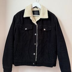 BERSHKA Black Cord Jacket Faux Sheepskin Lining Size M!