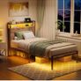 3ft Single Bed Frame with Storage Wooden Headboard, LED Light & Charging Station, Platform Metal Bed Frame Single with Underbed Storage, Strong Metal Slat Support Image 3