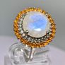 Rainbow Moonstone, Fire Opal, White Zircon Double Halo Ring in Rhodium Overlay Sterling Silver. Image 8