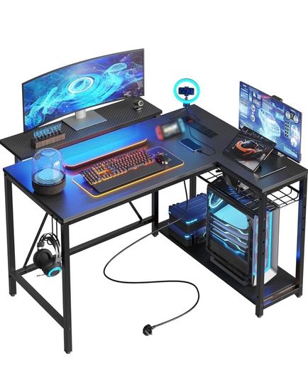 106.5CM L-Shaped Gaming Desk with RGB LED Lights Carbon Fibre Surface, 3 Power Outlets & 2 USB Ports, Reversible Corner Desk with Shelves & Hooks for Home Office & Small Spaces