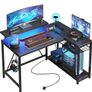 106.5CM L-Shaped Gaming Desk with RGB LED Lights Carbon Fibre Surface, 3 Power Outlets & 2 USB Ports, Reversible Corner Desk with Shelves & Hooks for Home Office & Small Spaces Image 10