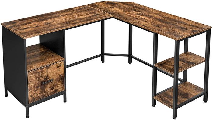 _Computer Desk, L-Shaped Office Table with Cabinet and Hanging Files, 2 Shelves, Home Office, Space-Saving, Easy Assembly, Industrial Design, Vintage Brown/Black