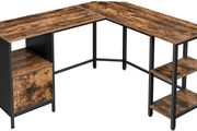 _Computer Desk, L-Shaped Office Table with Cabinet and Hanging Files, 2 Shelves, Home Office, Space-Saving, Easy Assembly, Industrial Design, Vintage Brown/Black