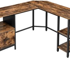 _Computer Desk, L-Shaped Office Table with Cabinet and Hanging Files, 2 Shelves, Home Office, Space-Saving, Easy Assembly, Industrial Design, Vintage Brown/Black