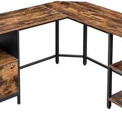 _Computer Desk, L-Shaped Office Table with Cabinet and Hanging Files, 2 Shelves, Home Office, Space-Saving, Easy Assembly, Industrial Design, Vintage Brown/Black